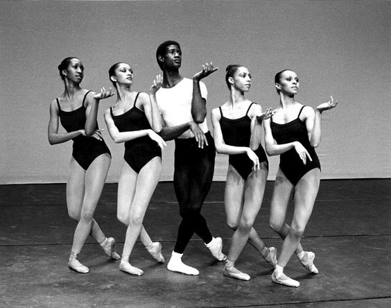 Mel Tomlinson and 4 dancers from Dance Theatre of Harlem in The Four Temperments, a ballet by George Balanchine.