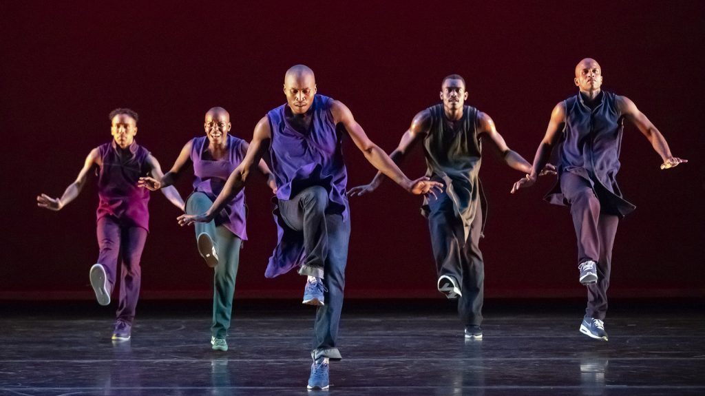Alvin Ailey American Dance Theatre in 2019. Pictured are 5 dancers in Lazarus Act 2.