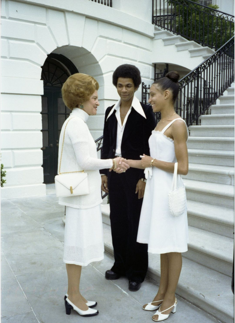 First Lady Betty Ford greeting ballet dancer Sandra Fortune-Green and Sylvester Campbell at the White House, 6/29/1976 (White House Photograph B0404-03A)